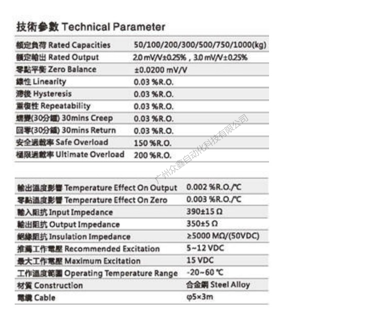 臺灣mavin NS1-50kg稱重傳感器技術(shù)參數(shù)